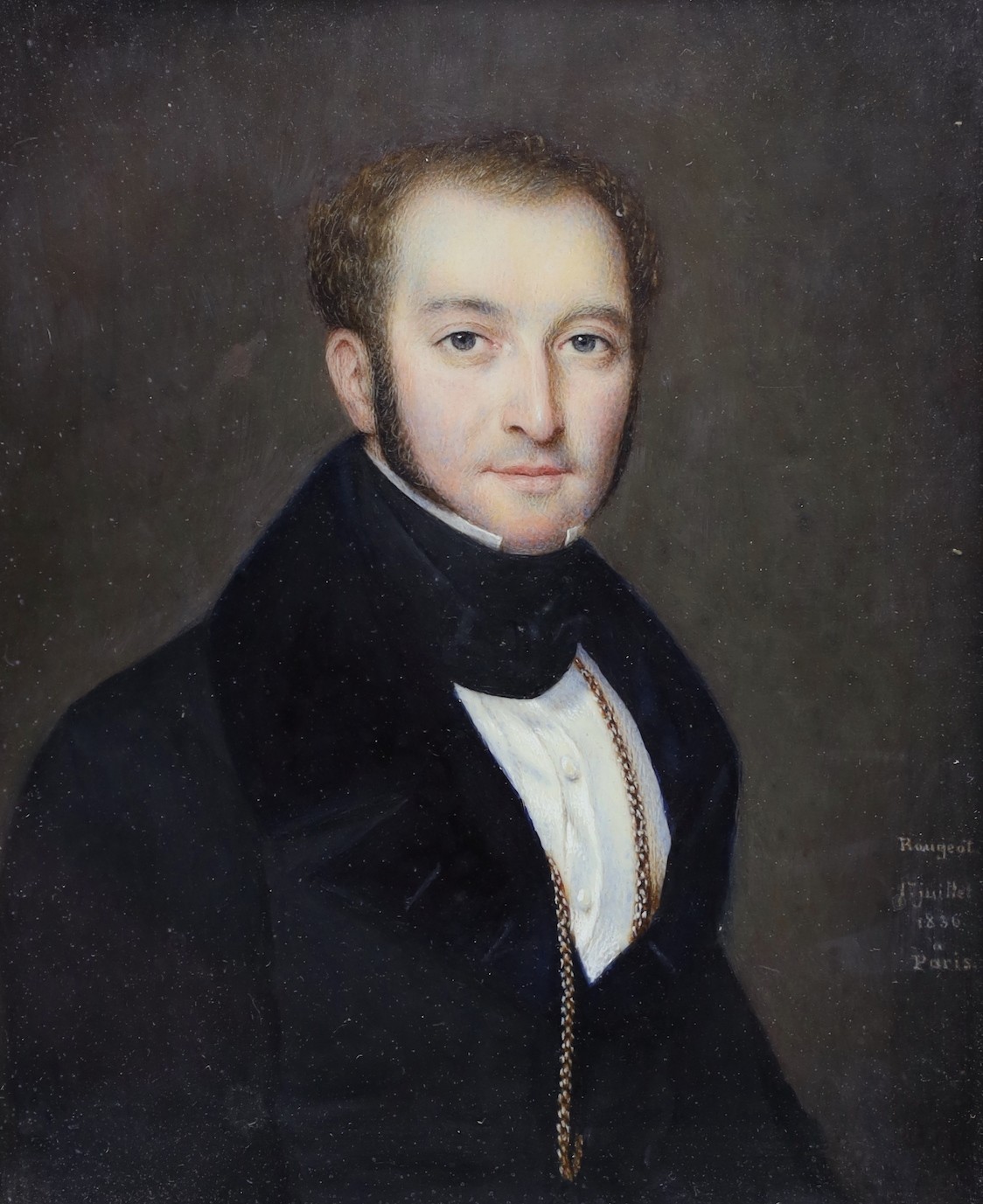 Jean Rougeot, 19th century, watercolour on ivory, portrait miniature of a gentleman, 1836, in gilt metal frame. 8cm high